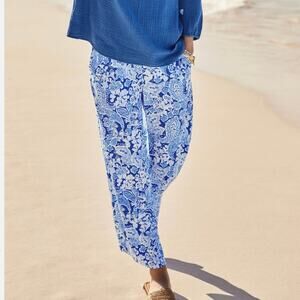 J Jill Women's Paisley Pull on Cropped Pant Large Blue Elastic Waist